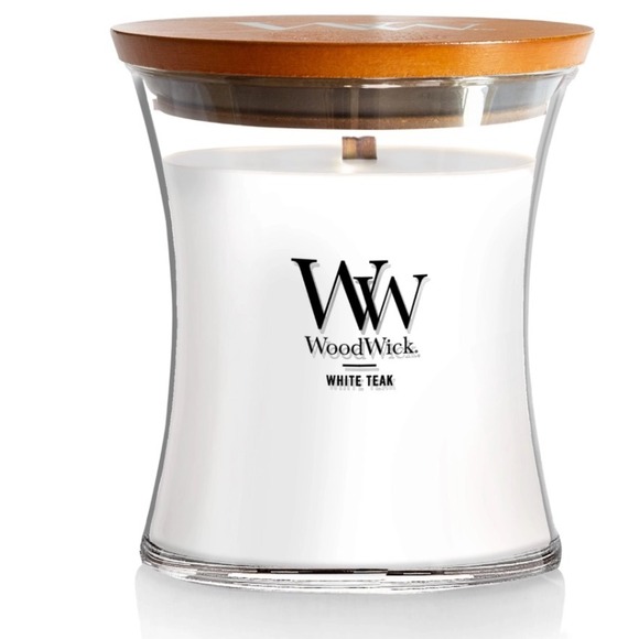 WoodWick White Teak Medium 9.7oz Hourglass Candle Crackles As It Burns NEW - Picture 1 of 8